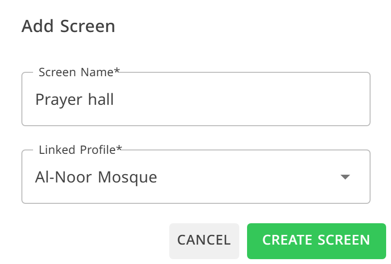 The Add Screen dialog with a name and a linked profile