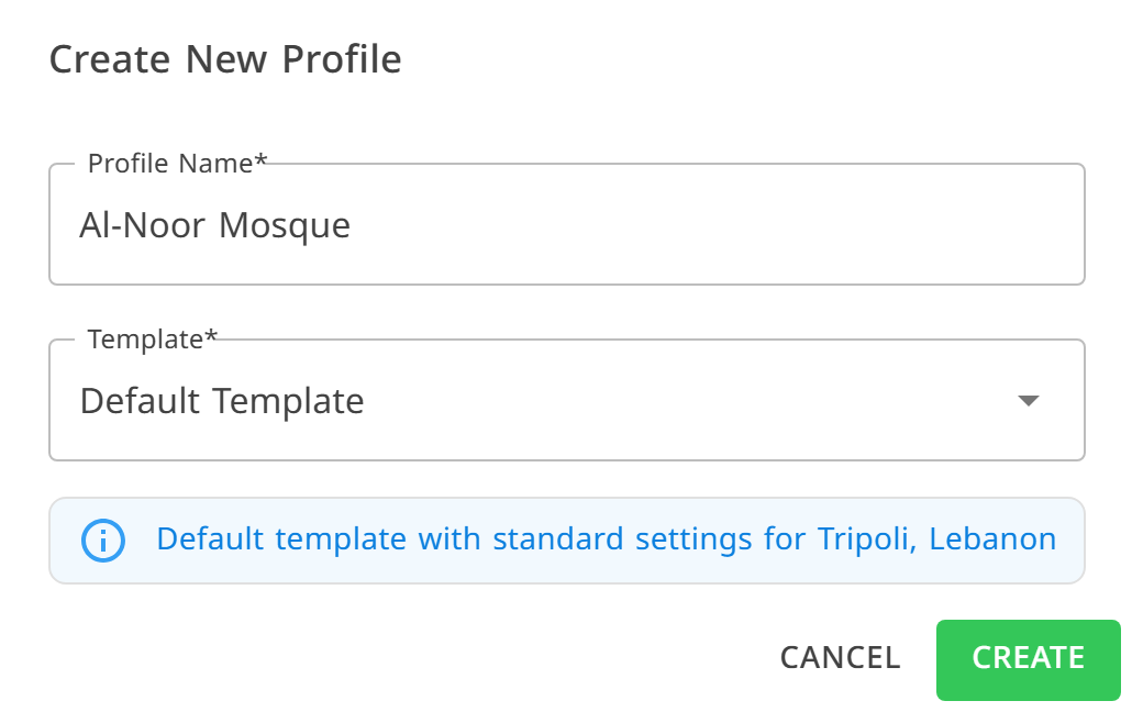 The Create New Profile dialog in the dashboard