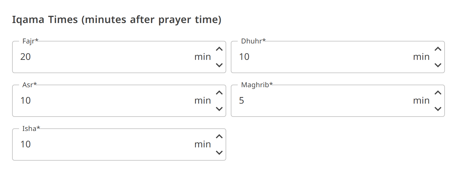The Iqama Times panel with minutes for each prayer