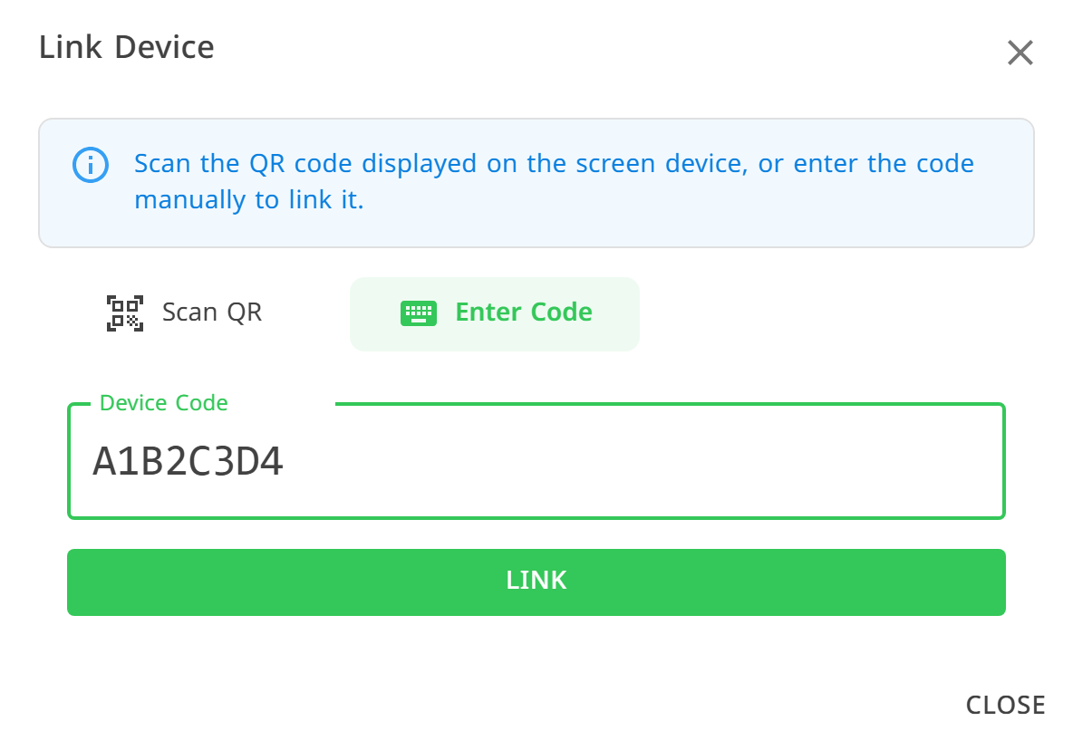 The Link Device dialog with the Enter Code tab open and a device code typed in