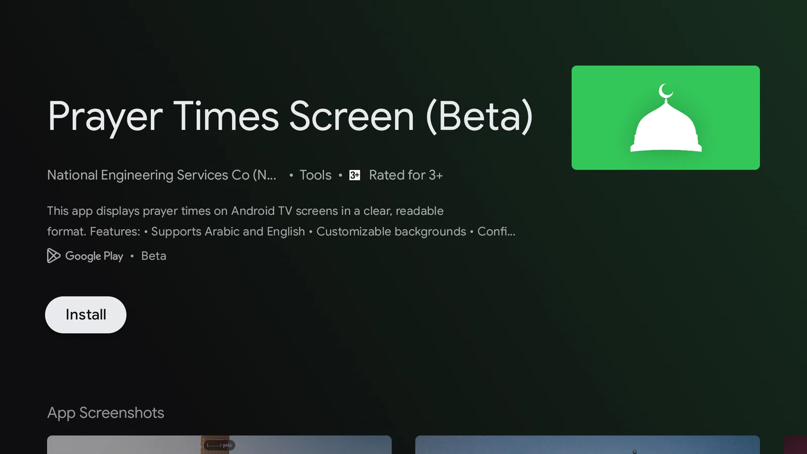 The Prayer Times Screen listing on Google Play, with its Install button