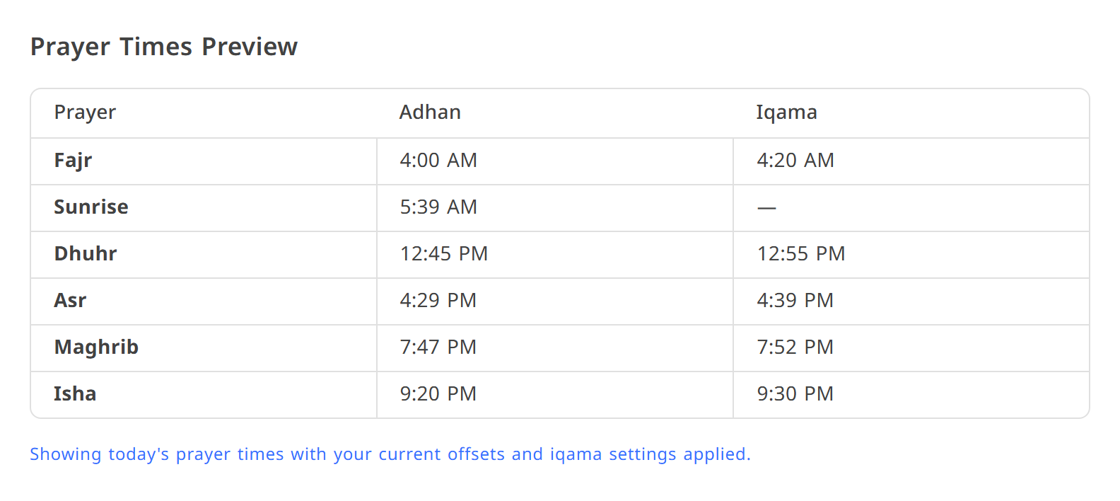 The Prayer Times Preview table with adhan and iqama columns